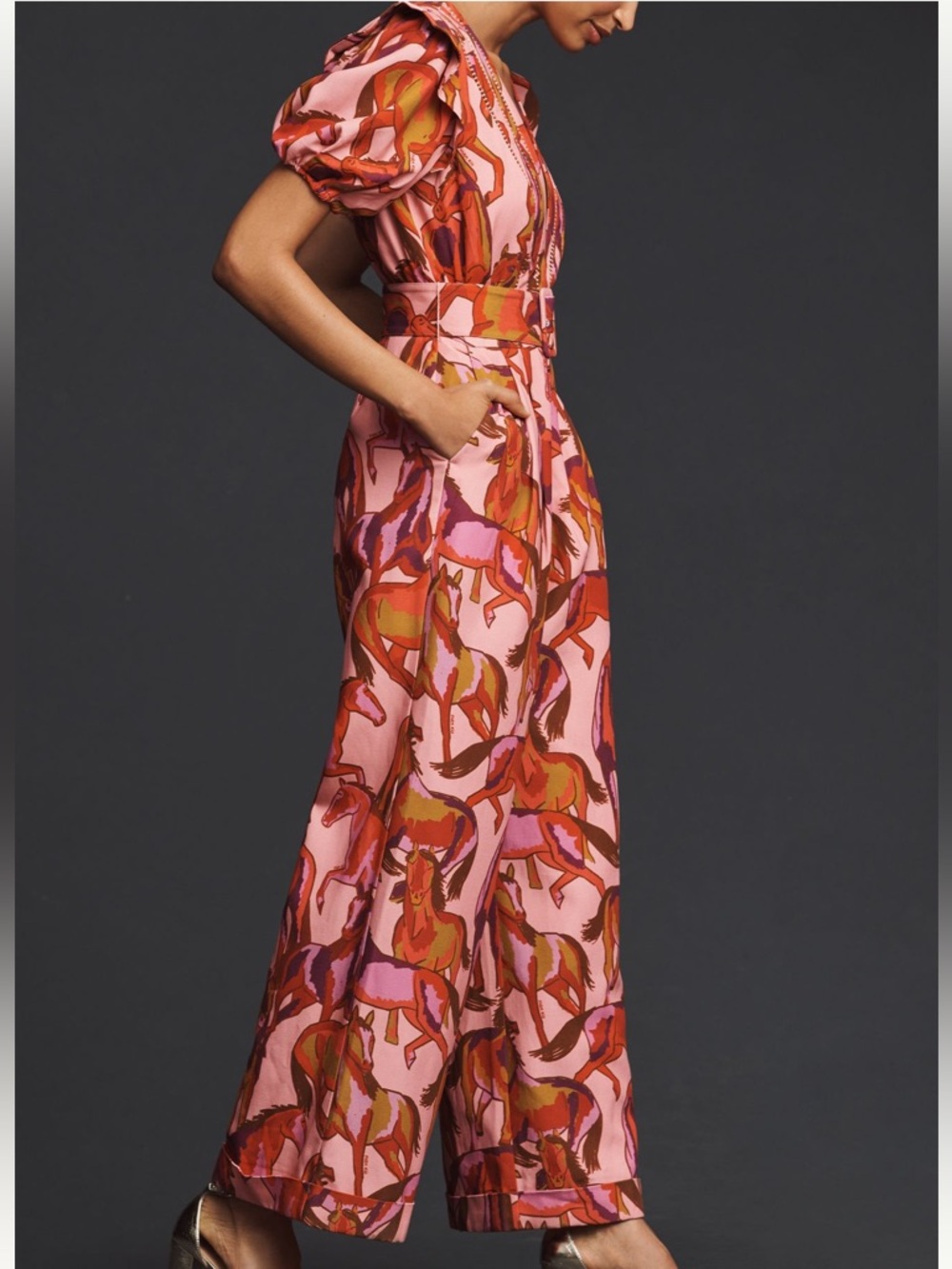 FARM Rio Pink Multicolor Horse-Print Puff-Sleeve Belted Jumpsuit - Picture 3 of 10